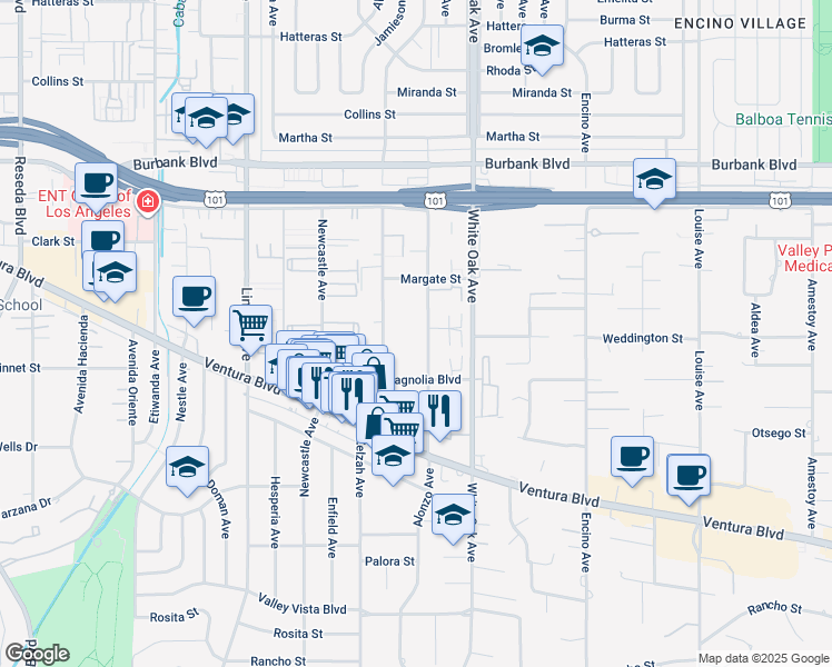 map of restaurants, bars, coffee shops, grocery stores, and more near 5301 Yarmouth Avenue in Los Angeles