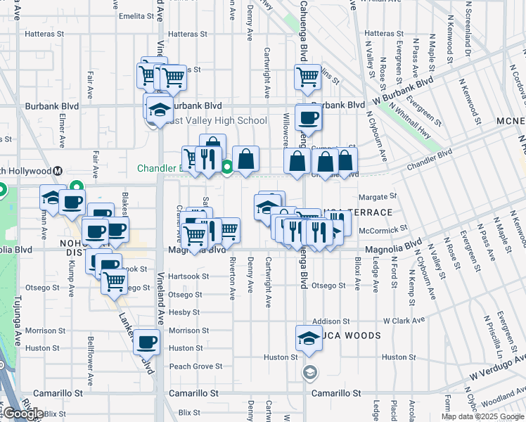 map of restaurants, bars, coffee shops, grocery stores, and more near 5309 Cartwright Avenue in Los Angeles