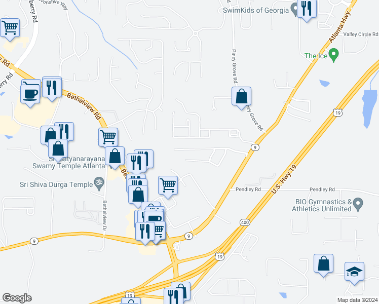 map of restaurants, bars, coffee shops, grocery stores, and more near 2275 Lexington Lane in Cumming