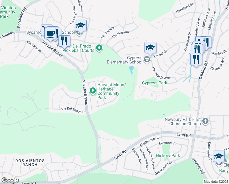 map of restaurants, bars, coffee shops, grocery stores, and more near 4305 Camino De La Rosa in Thousand Oaks