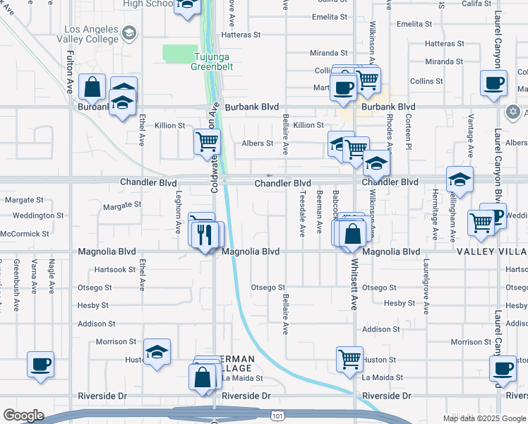 map of restaurants, bars, coffee shops, grocery stores, and more near 5301 Bluebell Avenue in Los Angeles