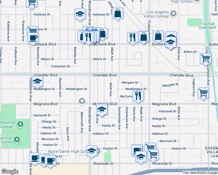 map of restaurants, bars, coffee shops, grocery stores, and more near 5305 Allott Avenue in Los Angeles