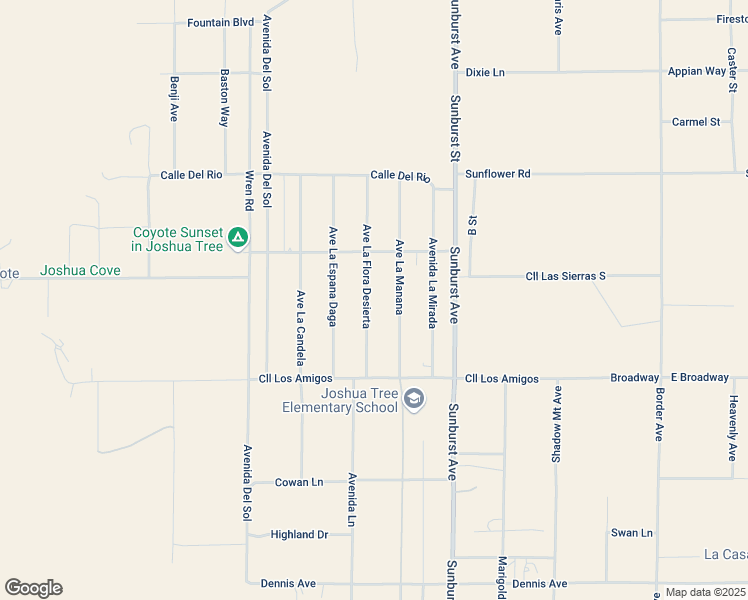 map of restaurants, bars, coffee shops, grocery stores, and more near 4741 Avenue La Flora Desierta in Joshua Tree