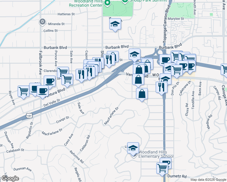 map of restaurants, bars, coffee shops, grocery stores, and more near 22284 Avenue San Luis in Los Angeles