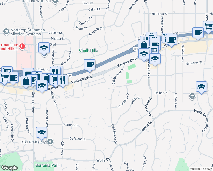 map of restaurants, bars, coffee shops, grocery stores, and more near 20504 Ventura Boulevard in Los Angeles