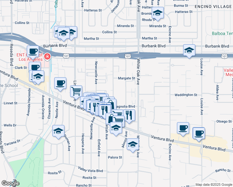 map of restaurants, bars, coffee shops, grocery stores, and more near 5250 Zelzah Avenue in Los Angeles