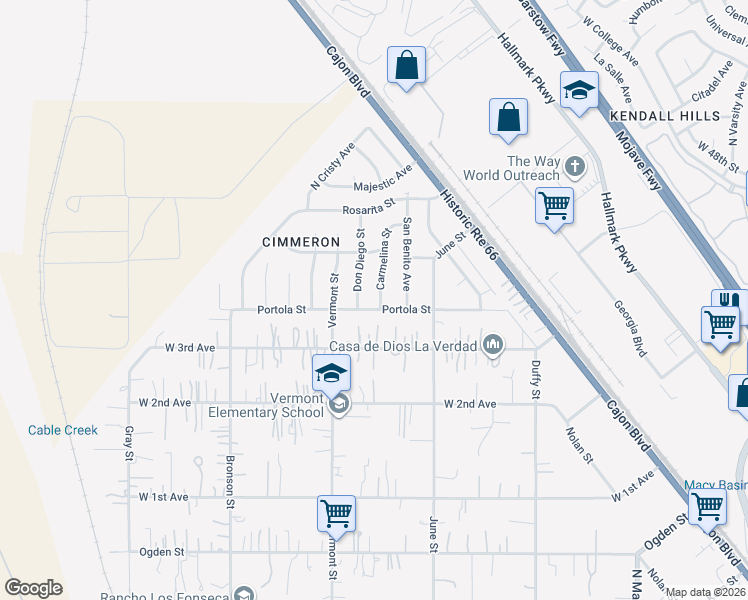 map of restaurants, bars, coffee shops, grocery stores, and more near 3910 Carmelina Street in Muscoy