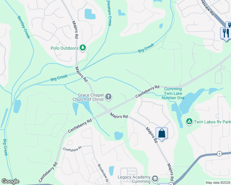 map of restaurants, bars, coffee shops, grocery stores, and more near 6115 Carington Way in Cumming