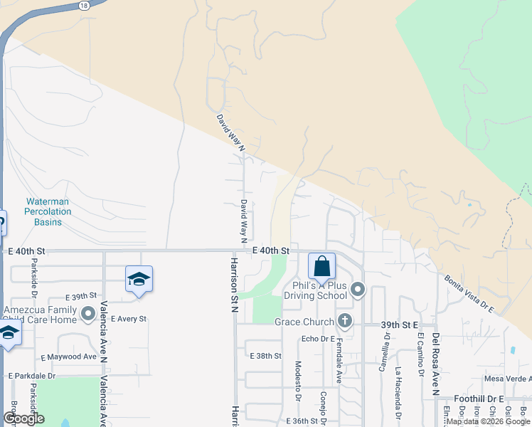 map of restaurants, bars, coffee shops, grocery stores, and more near 4040 Harrison Canyon Road North in San Bernardino