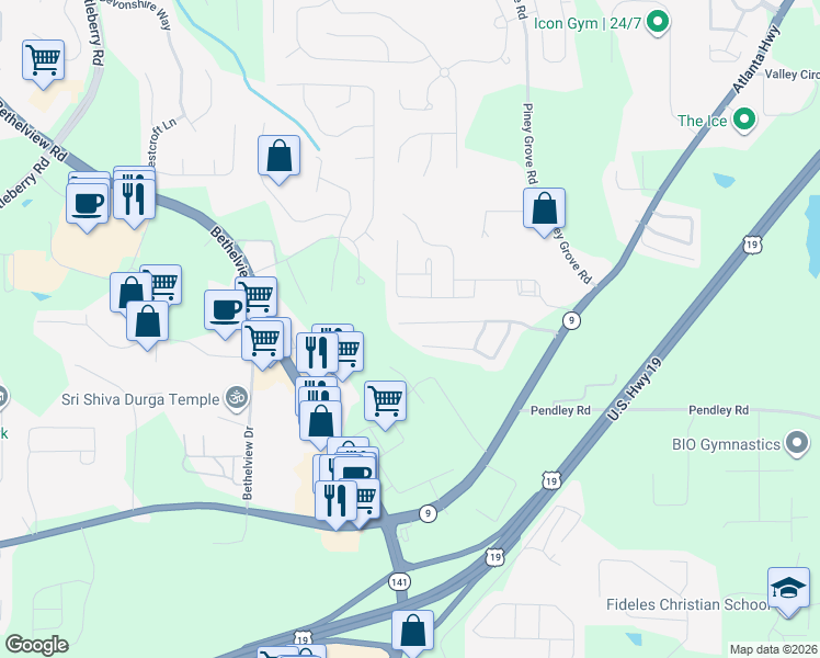 map of restaurants, bars, coffee shops, grocery stores, and more near 2355 Lexington Lane in Cumming
