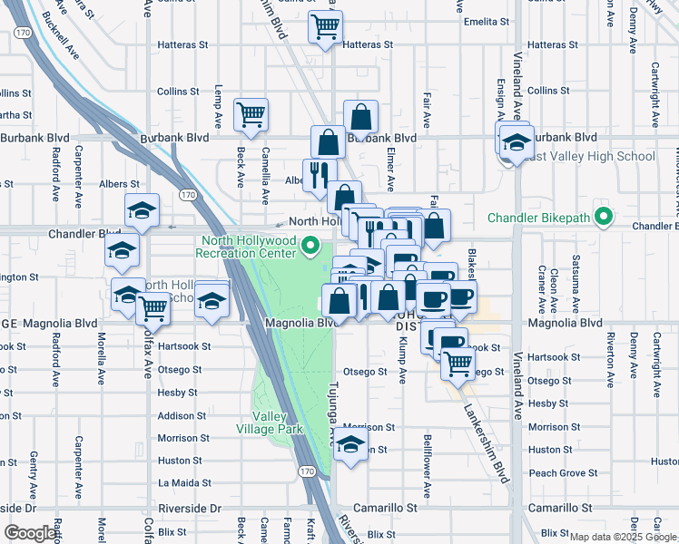 map of restaurants, bars, coffee shops, grocery stores, and more near 5268 Tujunga Avenue in Los Angeles