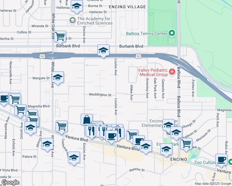 map of restaurants, bars, coffee shops, grocery stores, and more near 17319 Weddington Street in Los Angeles