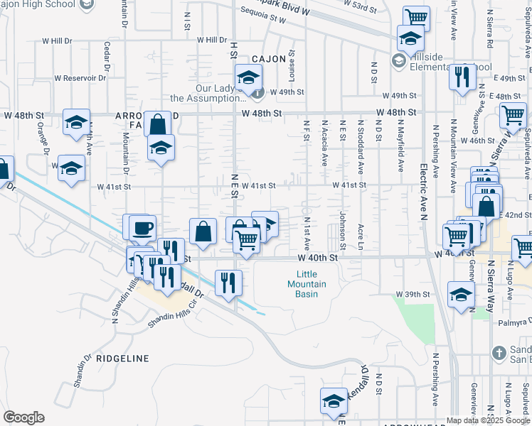 map of restaurants, bars, coffee shops, grocery stores, and more near 4060 Granados Drive in San Bernardino County