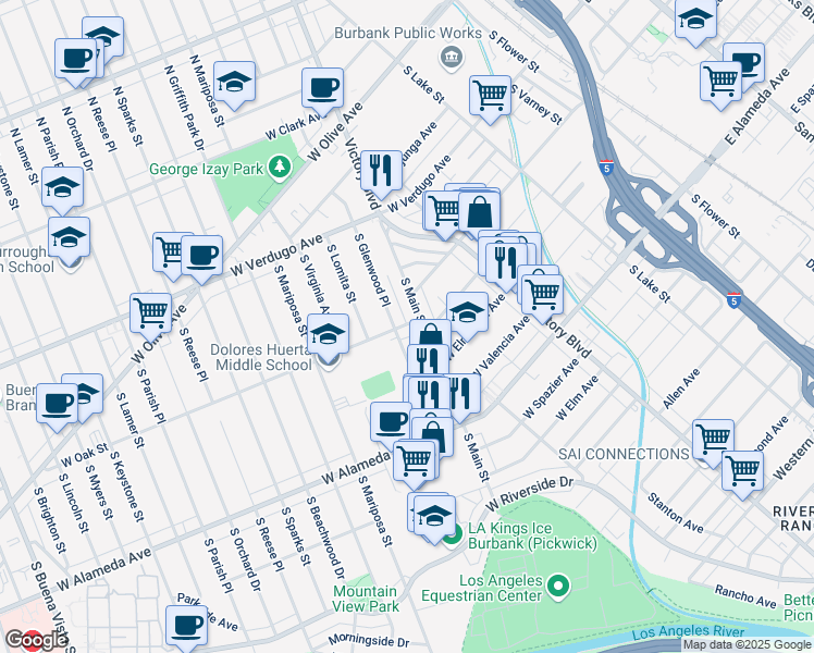 map of restaurants, bars, coffee shops, grocery stores, and more near 913 West Oak Street in Burbank