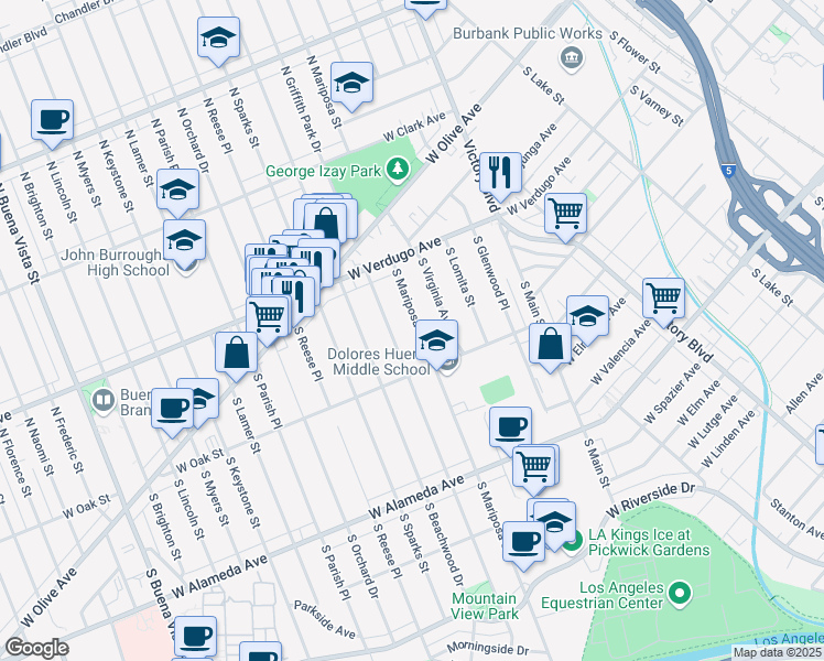 map of restaurants, bars, coffee shops, grocery stores, and more near 315 South Mariposa Street in Burbank