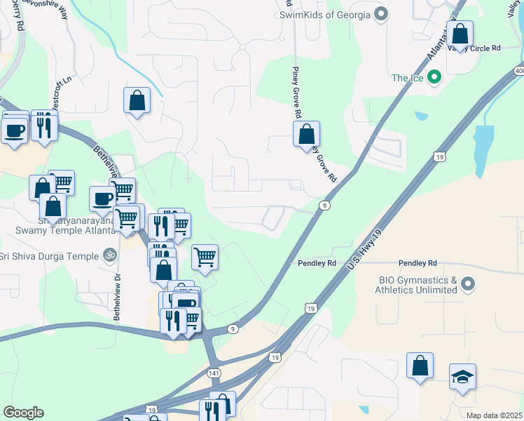 map of restaurants, bars, coffee shops, grocery stores, and more near 2135 Lexington Lane in Cumming