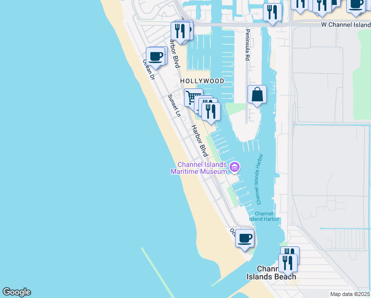 map of restaurants, bars, coffee shops, grocery stores, and more near 3637 Ocean Drive in Oxnard