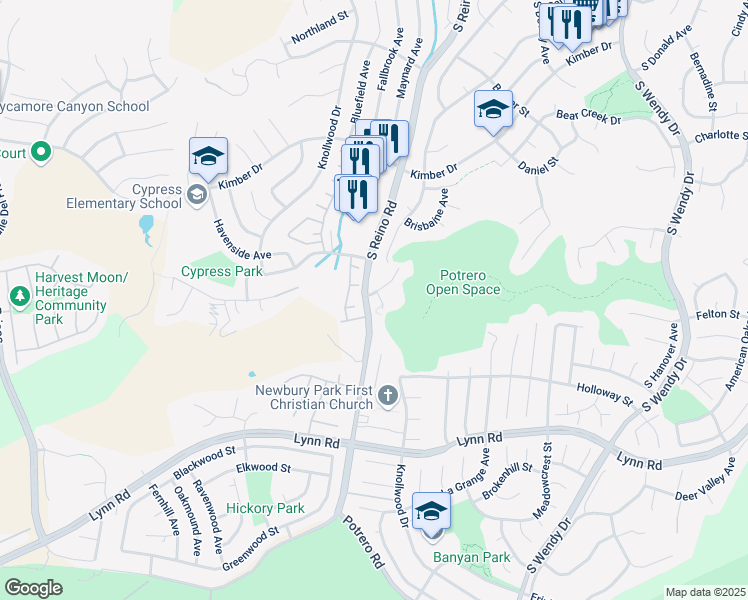 map of restaurants, bars, coffee shops, grocery stores, and more near 623 Astera Court in Thousand Oaks