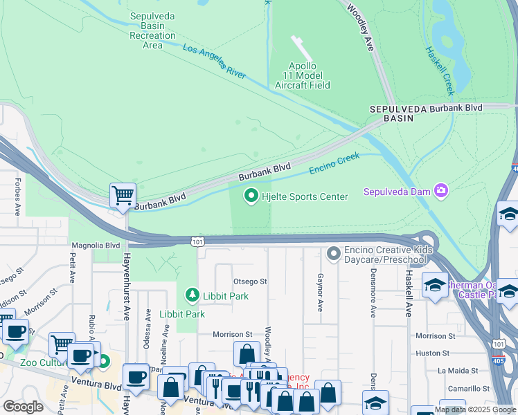 map of restaurants, bars, coffee shops, grocery stores, and more near 16200 Burbank Boulevard in Los Angeles