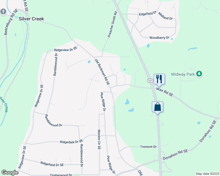 map of restaurants, bars, coffee shops, grocery stores, and more near 0 Wax Road Southeast in Silver Creek