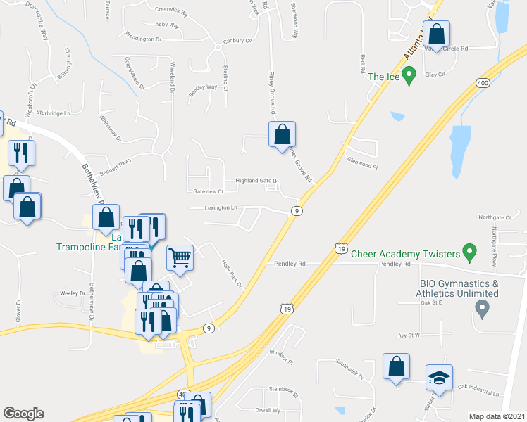 map of restaurants, bars, coffee shops, grocery stores, and more near 1975 Lexington Lane in Cumming