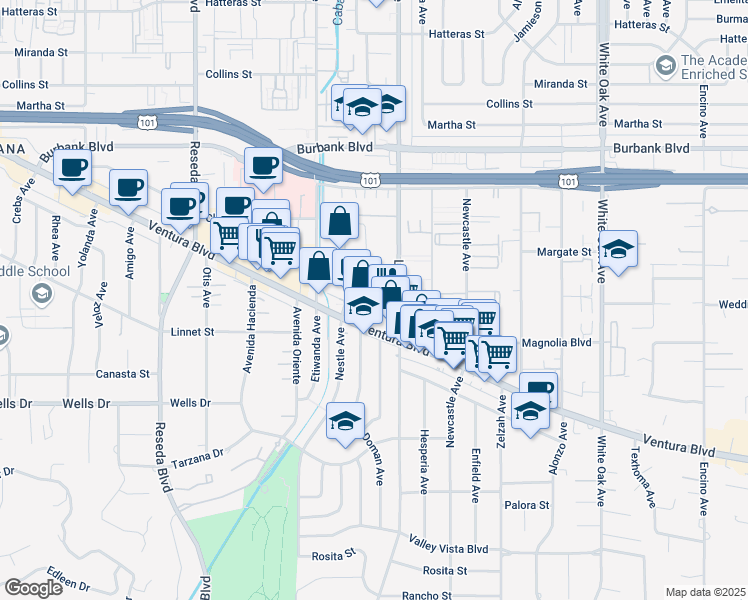 map of restaurants, bars, coffee shops, grocery stores, and more near 5300 Garden Grove Avenue in Los Angeles