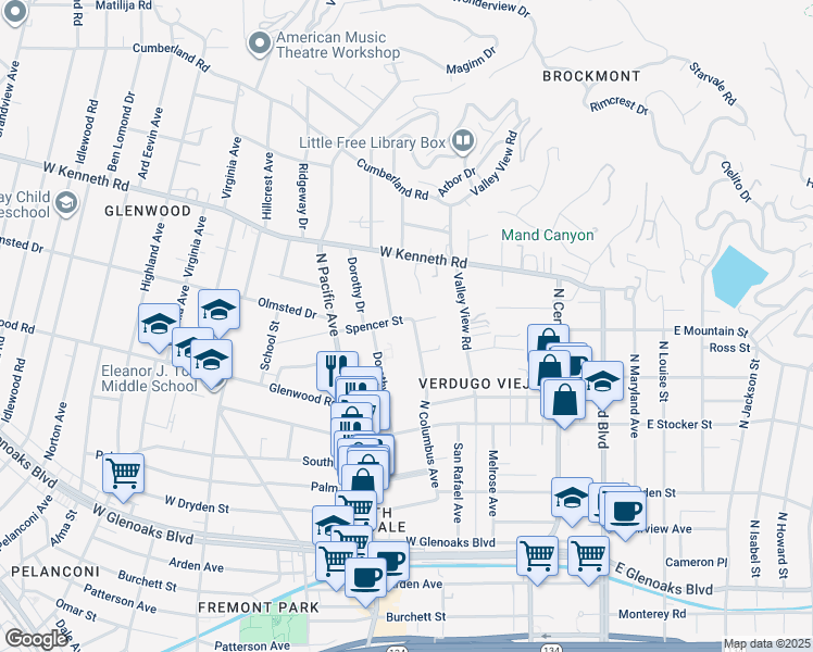 map of restaurants, bars, coffee shops, grocery stores, and more near 1349 North Columbus Avenue in Glendale