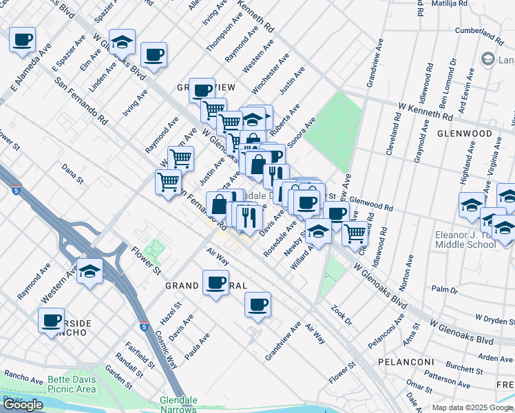 map of restaurants, bars, coffee shops, grocery stores, and more near 1069 Grover Avenue in Glendale