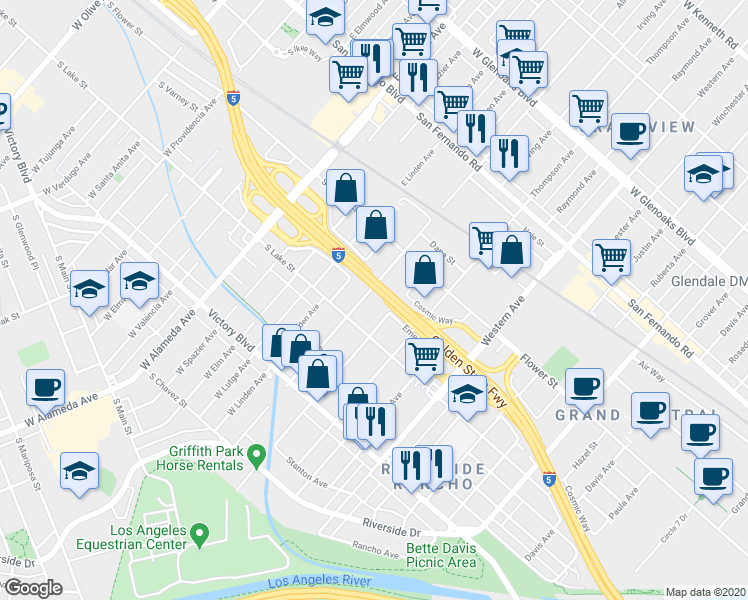 map of restaurants, bars, coffee shops, grocery stores, and more near 528 Allen Avenue in Glendale