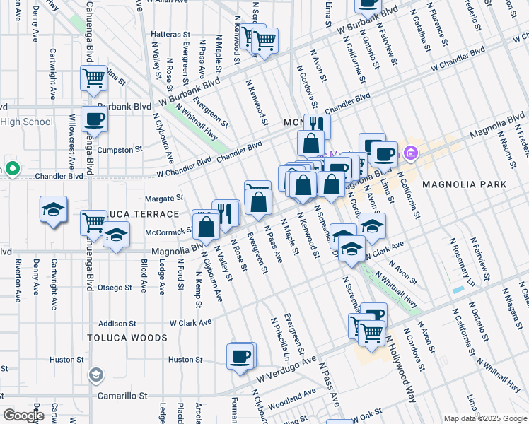 map of restaurants, bars, coffee shops, grocery stores, and more near 1015 North Pass Avenue in Burbank