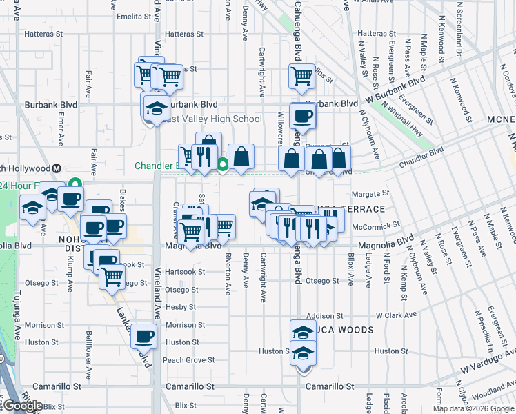 map of restaurants, bars, coffee shops, grocery stores, and more near 5309 Cartwright Avenue in Los Angeles