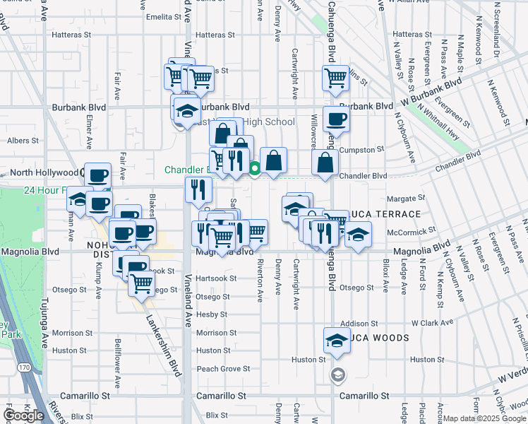 map of restaurants, bars, coffee shops, grocery stores, and more near 5314 Riverton Avenue in Los Angeles