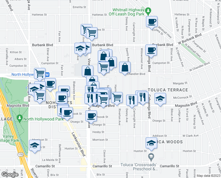 map of restaurants, bars, coffee shops, grocery stores, and more near 5308 Harmony Avenue in Los Angeles