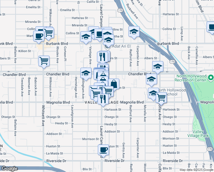 map of restaurants, bars, coffee shops, grocery stores, and more near 5308 Agnes Avenue in Los Angeles
