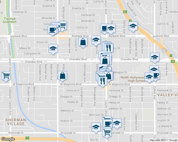 map of restaurants, bars, coffee shops, grocery stores, and more near in Los Angeles