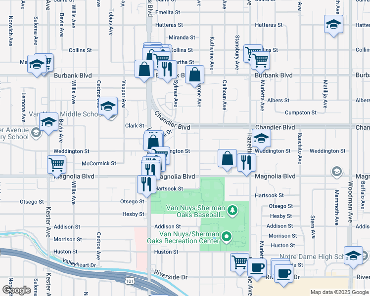 map of restaurants, bars, coffee shops, grocery stores, and more near 5304 Sylmar Avenue in Los Angeles