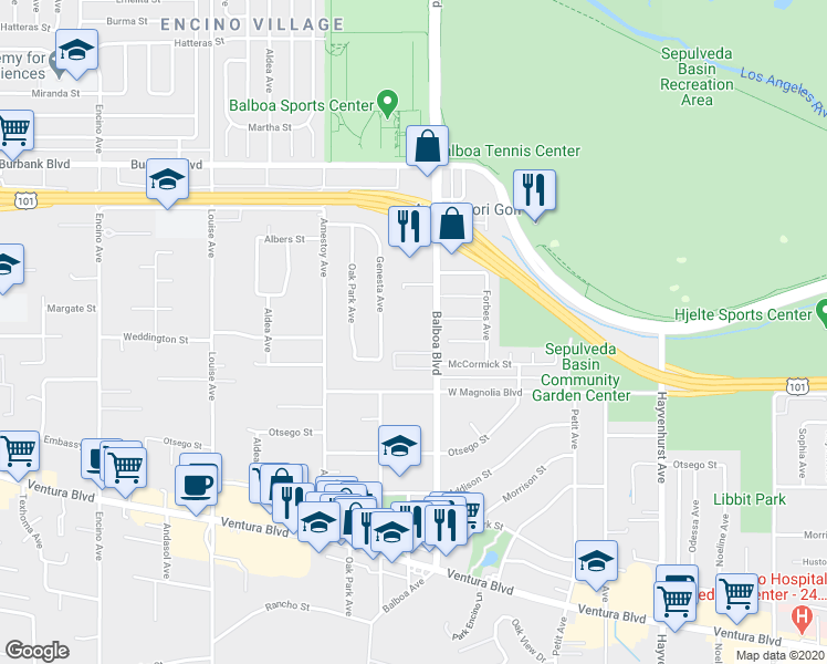 map of restaurants, bars, coffee shops, grocery stores, and more near 5301 Balboa Boulevard in Los Angeles