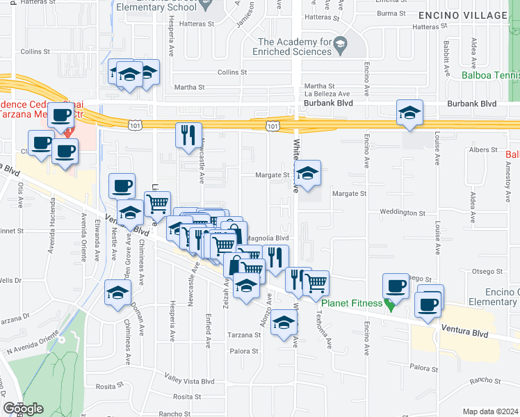 map of restaurants, bars, coffee shops, grocery stores, and more near 5303 Yarmouth Avenue in Los Angeles