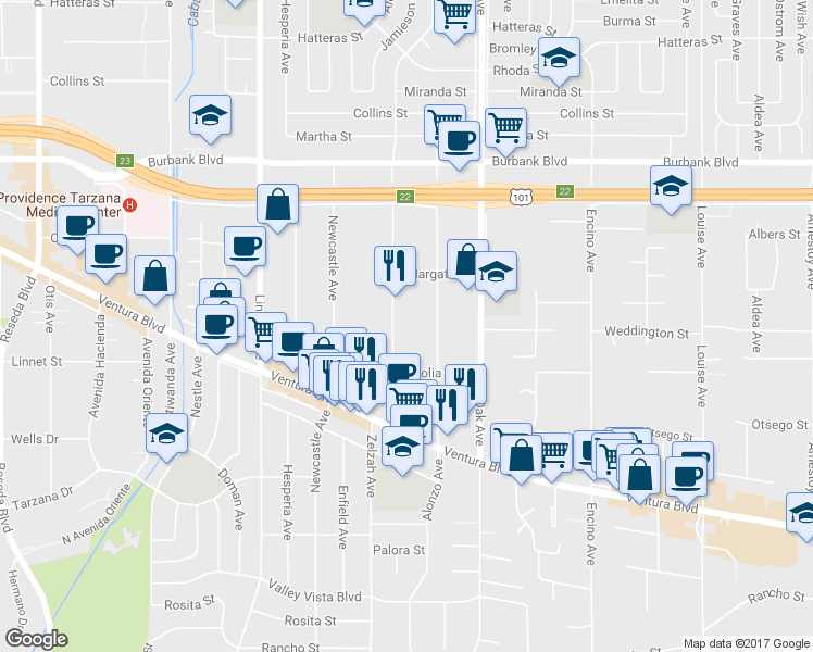 map of restaurants, bars, coffee shops, grocery stores, and more near 5303 Yarmouth Avenue in Los Angeles