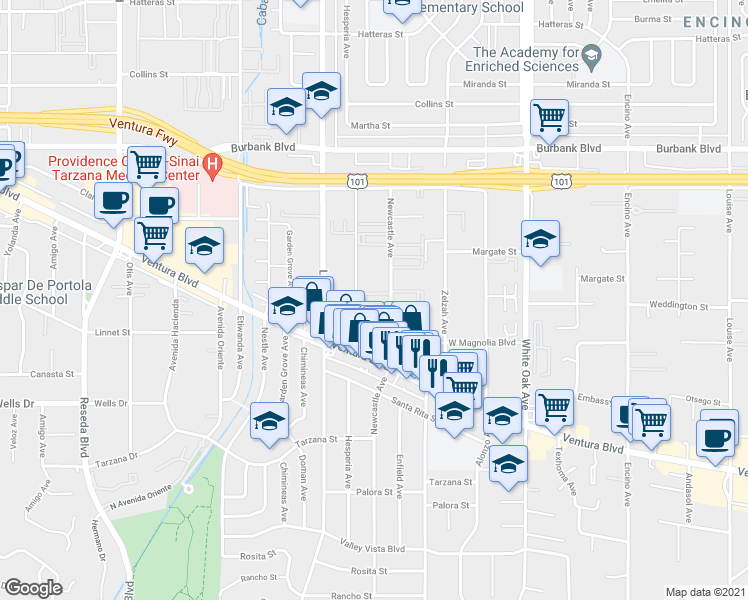 map of restaurants, bars, coffee shops, grocery stores, and more near 5301 Newcastle Avenue in Los Angeles