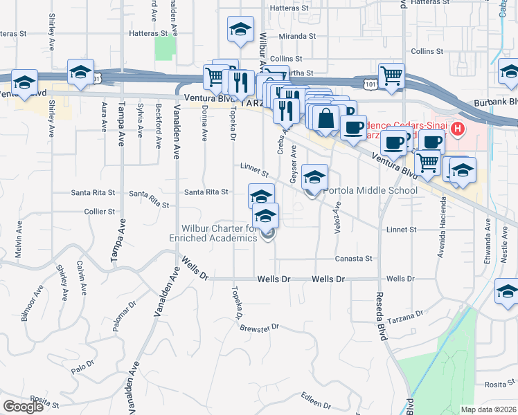 map of restaurants, bars, coffee shops, grocery stores, and more near in Los Angeles