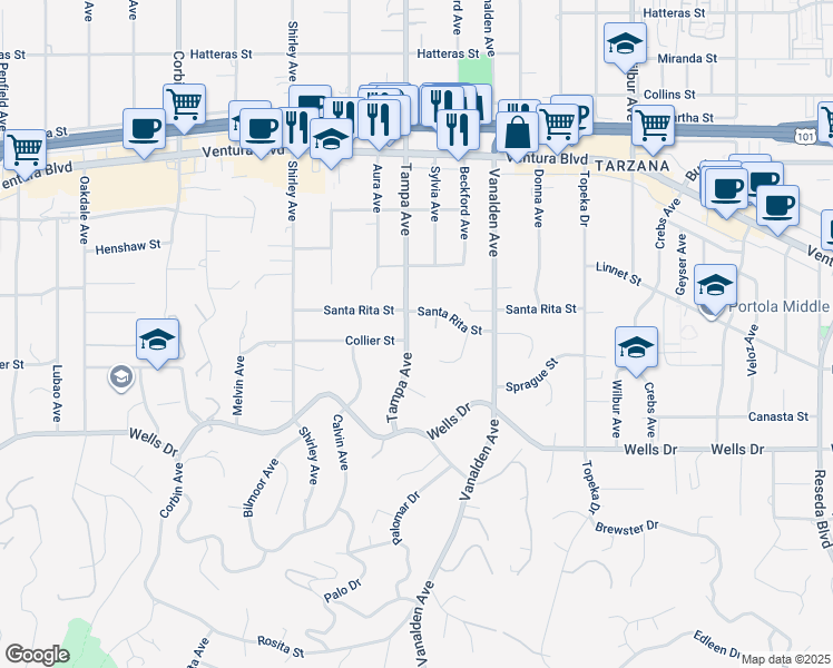 map of restaurants, bars, coffee shops, grocery stores, and more near 5301 Sylvia Avenue in Los Angeles
