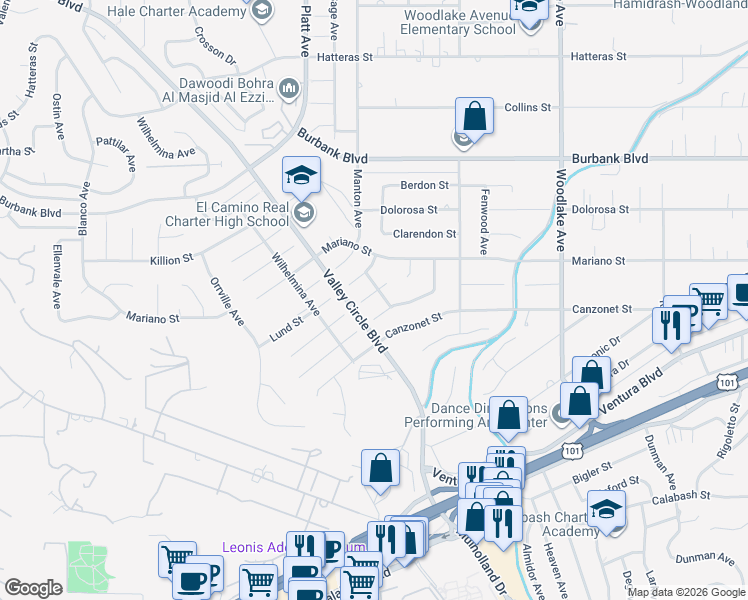 map of restaurants, bars, coffee shops, grocery stores, and more near 23521 Ladrillo Street in Los Angeles