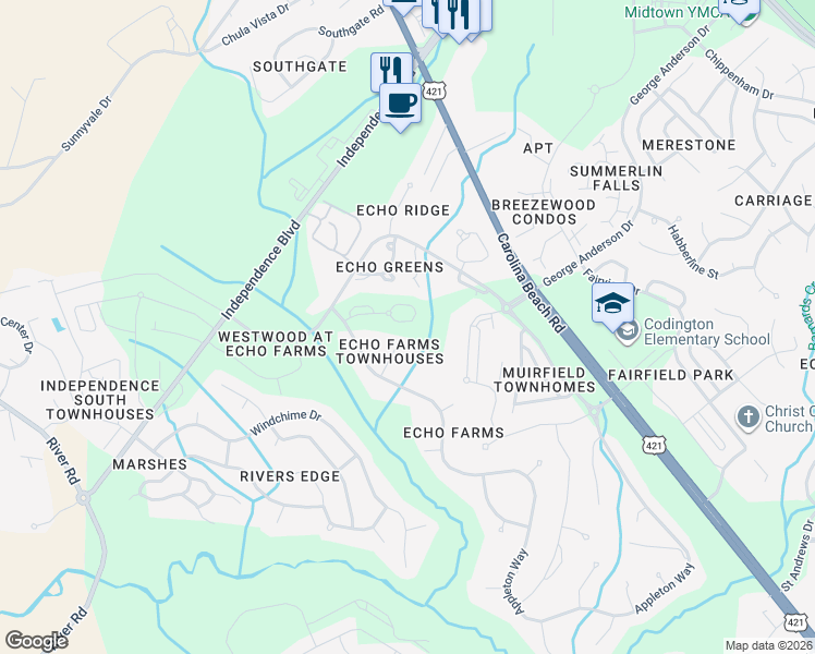 map of restaurants, bars, coffee shops, grocery stores, and more near 320 Wimbledon Court in Wilmington