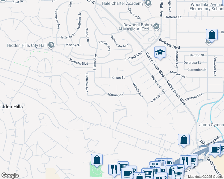 map of restaurants, bars, coffee shops, grocery stores, and more near 24106 Albers Street in Los Angeles