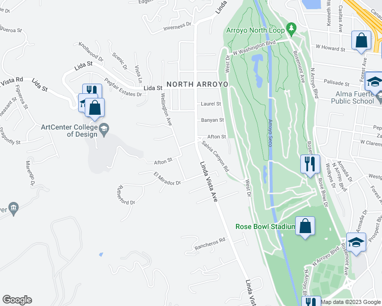 map of restaurants, bars, coffee shops, grocery stores, and more near 1155 Linda Vista Avenue in Pasadena