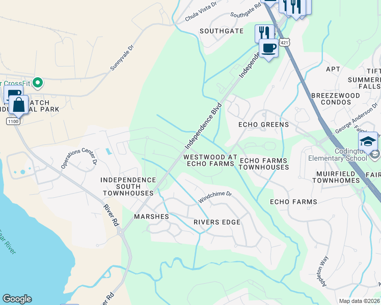 map of restaurants, bars, coffee shops, grocery stores, and more near 3806 Echo Farms Boulevard in Wilmington
