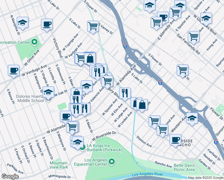 map of restaurants, bars, coffee shops, grocery stores, and more near 295 West Alameda Avenue in Burbank