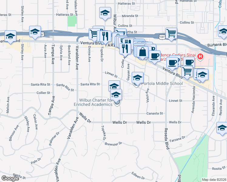 map of restaurants, bars, coffee shops, grocery stores, and more near in Los Angeles