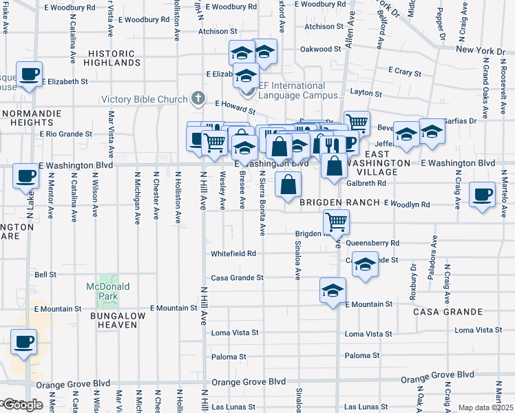map of restaurants, bars, coffee shops, grocery stores, and more near 1215 North Sierra Bonita Avenue in Pasadena